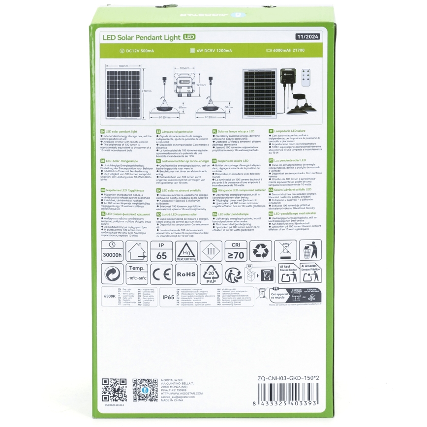 Aigostar - LED-Solarhängeleuchte mit Sensor 2xLED/35W/12V 6000 mAh 6500K d 15 cm + Fernbedienung