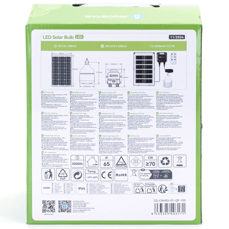 Aigostar - LED-Solarhängeleuchte mit Sensor LED/35W/12V 3000 mAh 6500K d 10 cm + Fernbedienung