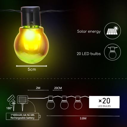 Aigostar - LED Solarkette 20xLED/5,8m IP44 mehrfarbig