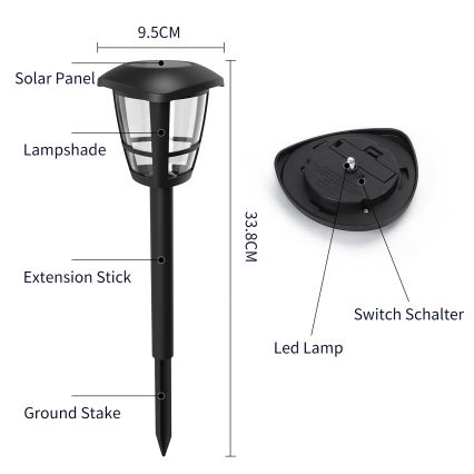 Aigostar - LED-Solarlampe LED/0,06W/2V 33,8 cm 6500K IP44 schwarz