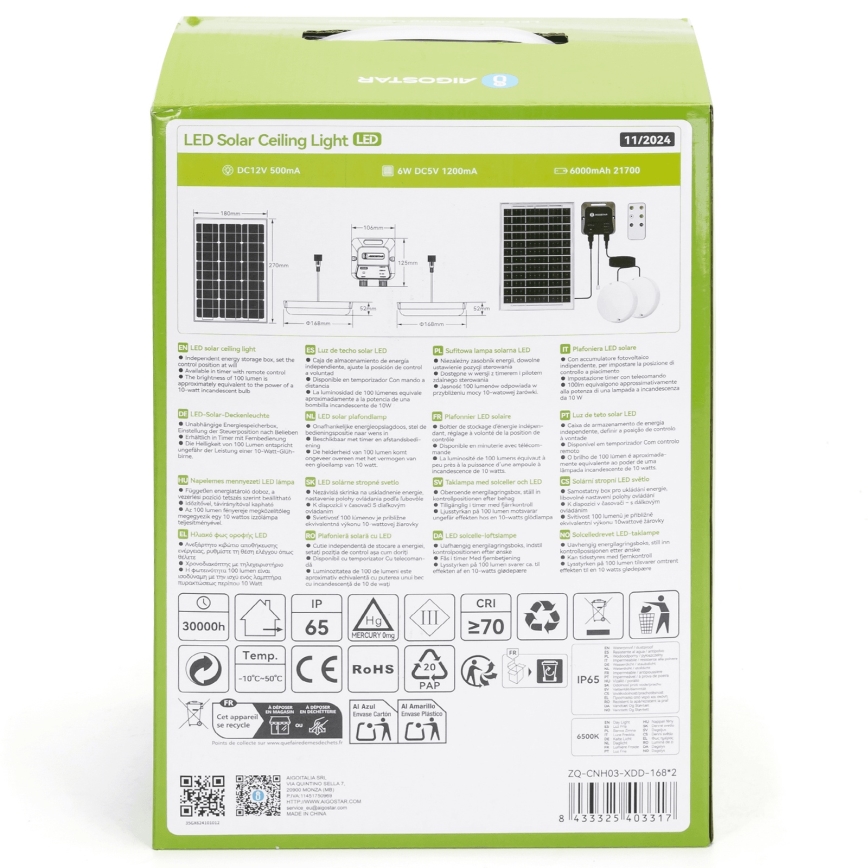 Aigostar - LED-Solarleuchte 2xLED/35W/12V 6000 mAh 6500K IP65 Ø 16,8 cm + Fernbedienung