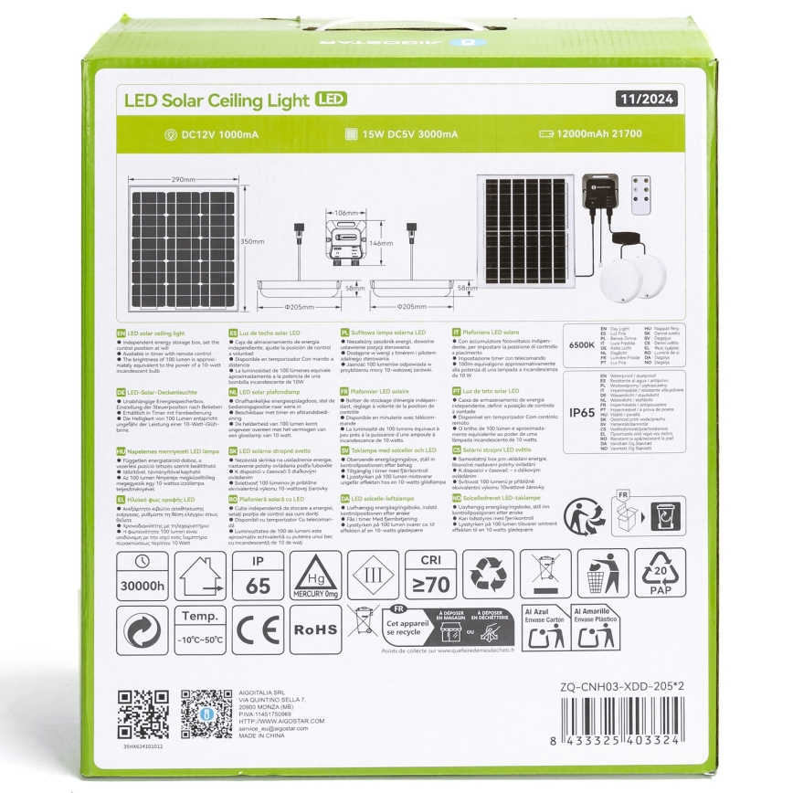 Aigostar - LED-Solarleuchte 2xLED/70W/12V 12000 mAh 6500K d 20,5 cm + Fernbedienung