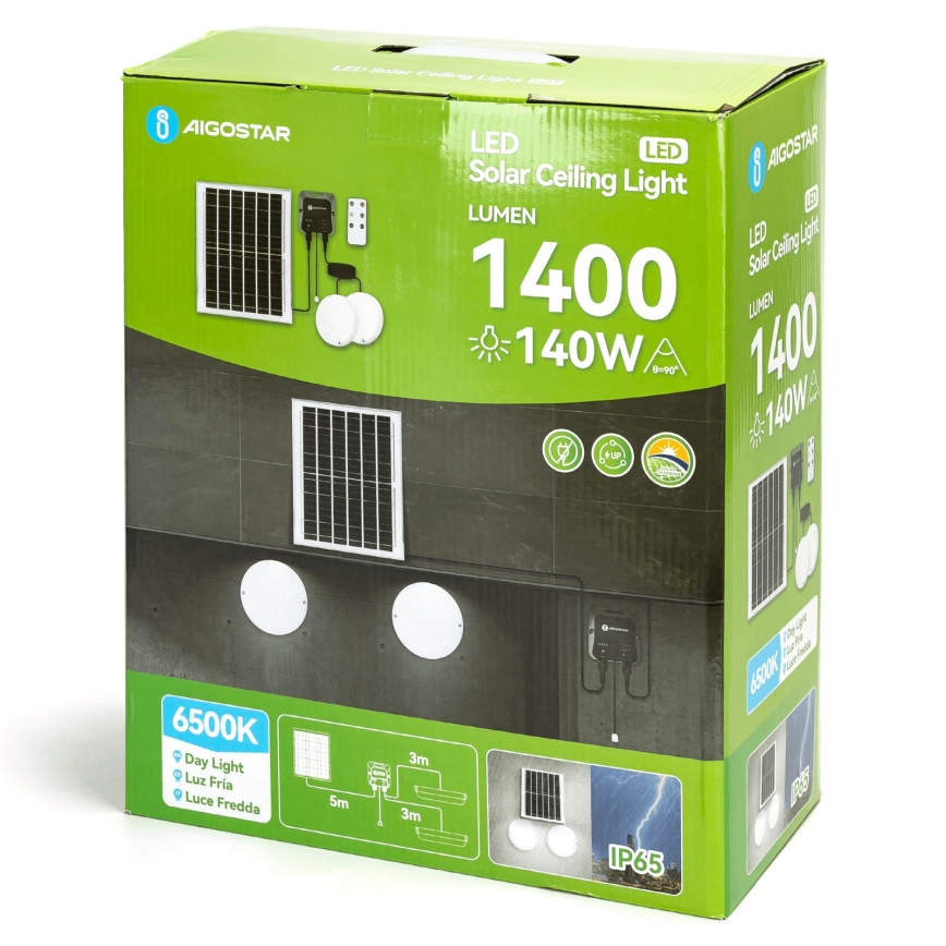 Aigostar - LED-Solarleuchte 2xLED/70W/12V 12000 mAh 6500K IP65 Ø 20,5 cm + Fernbedienung