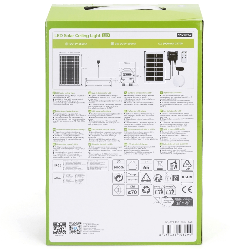 Aigostar - LED-Solarleuchte LED/35W/12V 3000 mAh 6500K d 16,8 cm + Fernbedienung