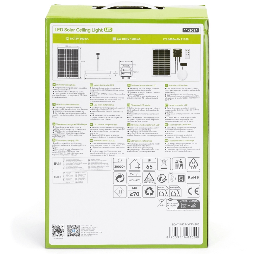 Aigostar - LED-Solarleuchte LED/70W/12V 6000 mAh 6500K d 20,5 cm + Fernbedienung