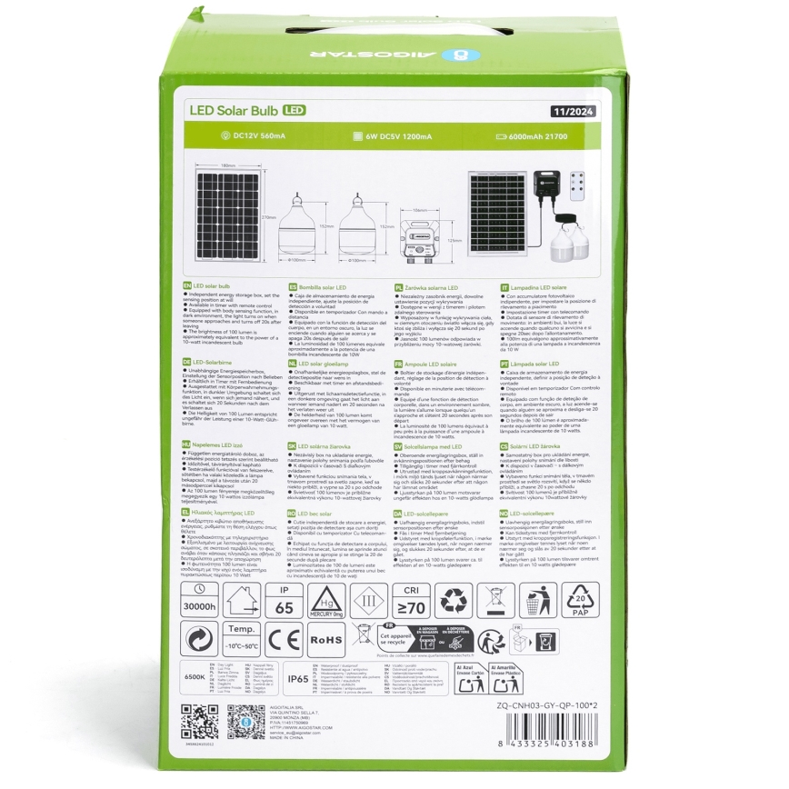 Aigostar - LED Solar-Hängelampe mit Sensor 2×LED/35 W/12 V 6000 mAh 6500 K IP65 Ø 10 cm + Fernbedienung