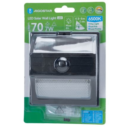 Aigostar - LED-Solarleuchte mit Sensor, 3,7 V, 6500 K, 500 mAh, IP65, schwarz