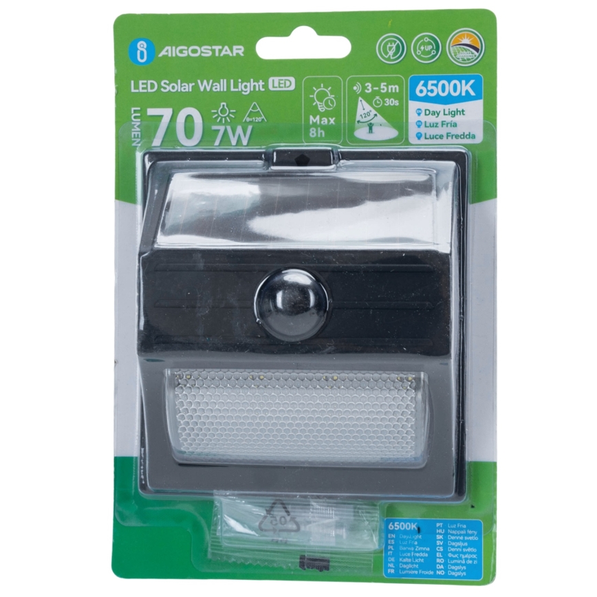 Aigostar - LED-Solarleuchte mit Sensor, 3,7 V, 6500 K, 500 mAh, IP65, schwarz