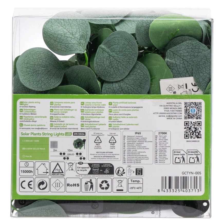Aigostar - LED-Solarlichterkette 100xLED/12m IP65 300 mAh warmweiβ Eukalyptus