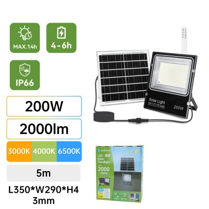 Aigostar - LED Solarstrahler LED/200W/3,2V 3600mAh 3000K/4000K/6500K IP66 + Fernbedienung