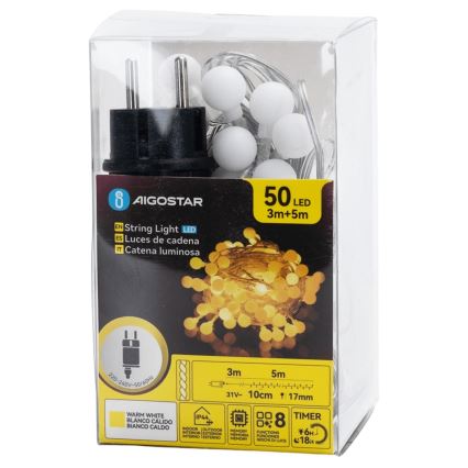 Aigostar - LED-Lichterkette für den Außenbereich, 50 LEDs, 8 Funktionen, 5 m, IP44, warmweiß