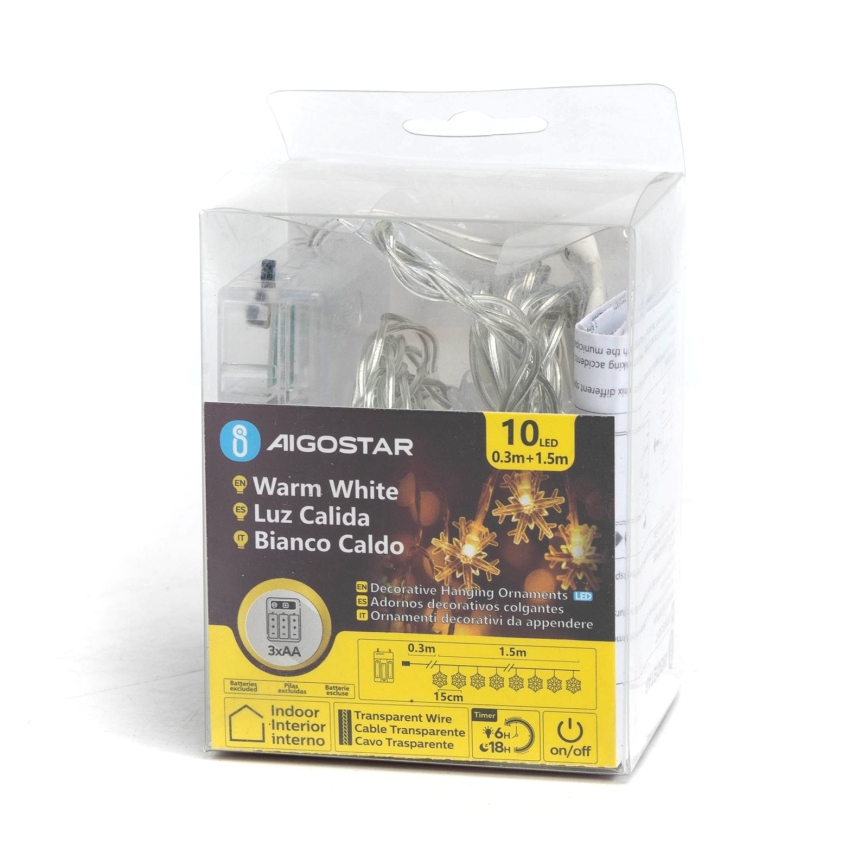 Aigostar - LED-Weihnachts-Lichterkette, 10 LEDs, 3×AA-Betrieb, 1,5 m, warmweiß, Schneeflocken-Design