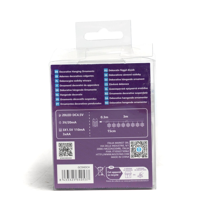 Aigostar - LED-Weihnachts-Lichterkette 20xLED/3xAA 3,3m Schneeflocken