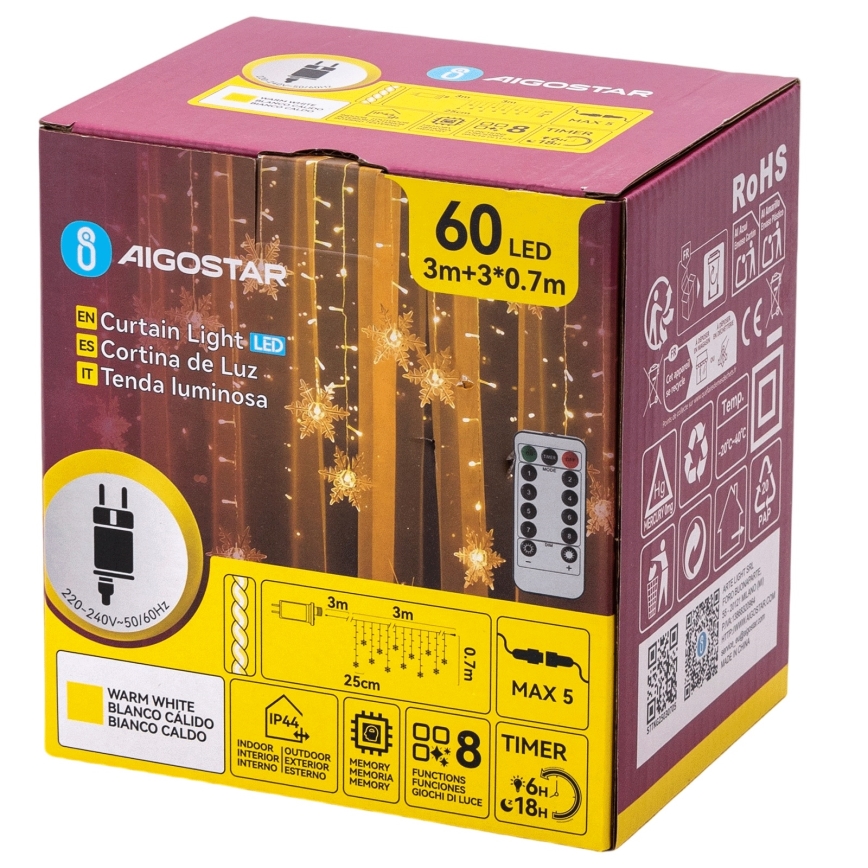 Aigostar - LED-Außen-Lichterkette 120xLED/8 Funktionen 3x0,7m IP44 warmweiß + Fernbedienung