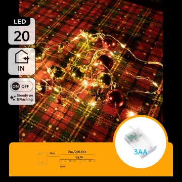 Aigostar - LED-Weihnachtslichterkette 20 LEDs / 3×AA, 2 m, warmweiß