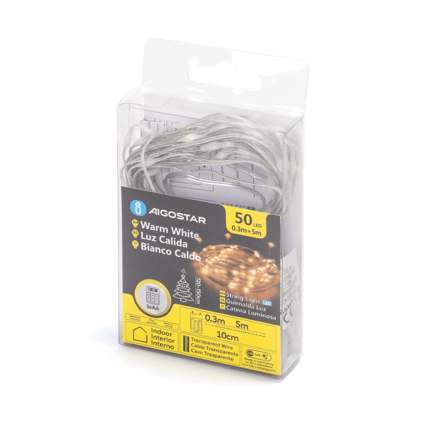 Aigostar - LED-Weihnachtslichterkette 50xLED/3xAA 5,3m warmweiβ