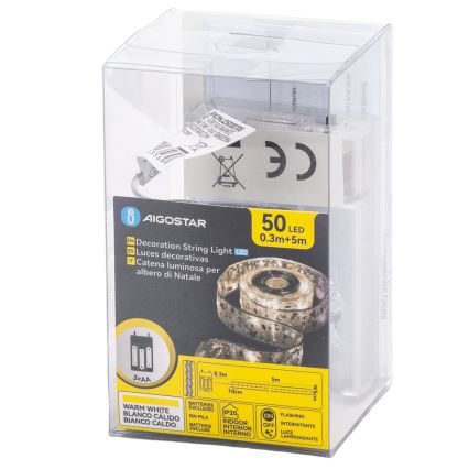 Aigostar - LED Weihnachtslichterkette 50xLED/3xAA 5 m warmweiß silber