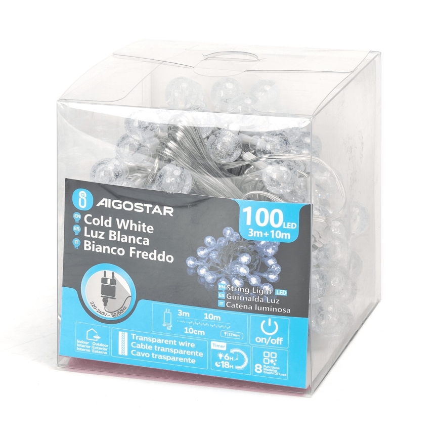 Aigostar - LED-Weihnachtslichterkette für den Außenbereich 100xLED/8 Funktionen 13m IP44 kaltweiß