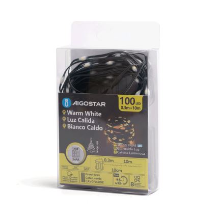 Aigostar - LED-Weihnachtslichterkette für den Außenbereich 100xLED/8 Funktionen 3xAA 10,3m IP44 warmweiβ