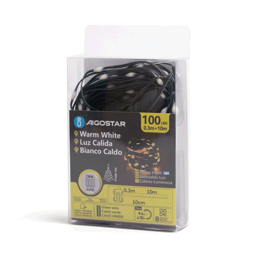 Aigostar - LED-Weihnachtslichterkette für den Außenbereich 100xLED/8 Funktionen 3xAA 10,3m IP44 warmweiβ