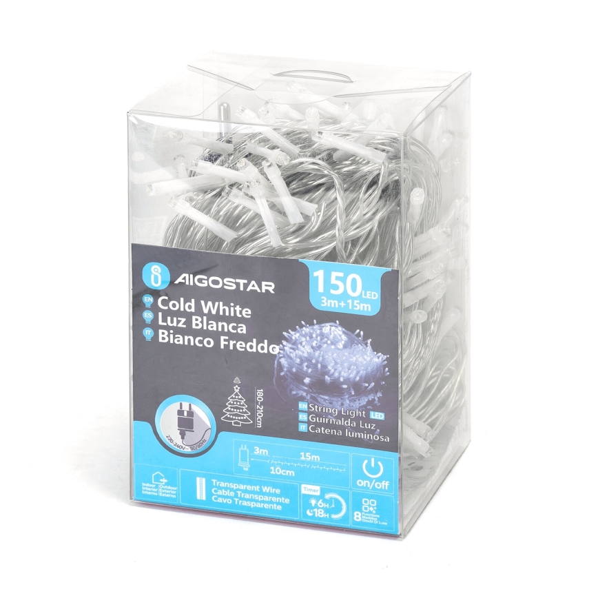 Aigostar - LED-Weihnachtslichterkette für den Außenbereich 150xLED/8 Funktionen 18m IP44 kaltweiß