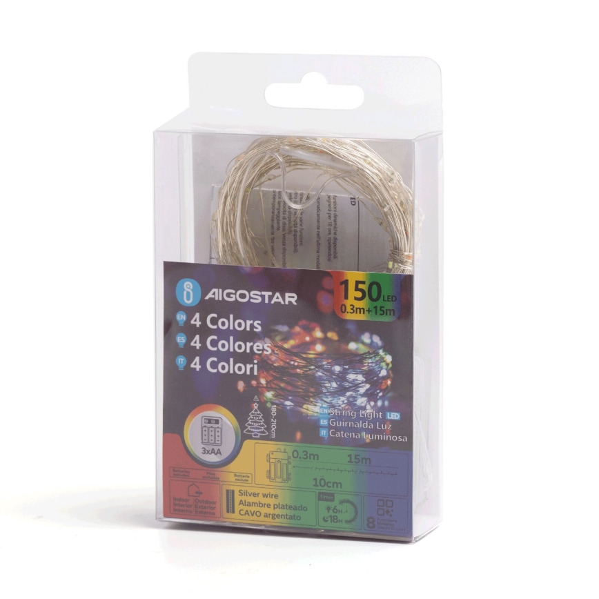 Aigostar - LED-Weihnachtslichterkette für den Außenbereich 150xLED/8 Funktionen/3xAA 15,3m IP44 mehrfarbig