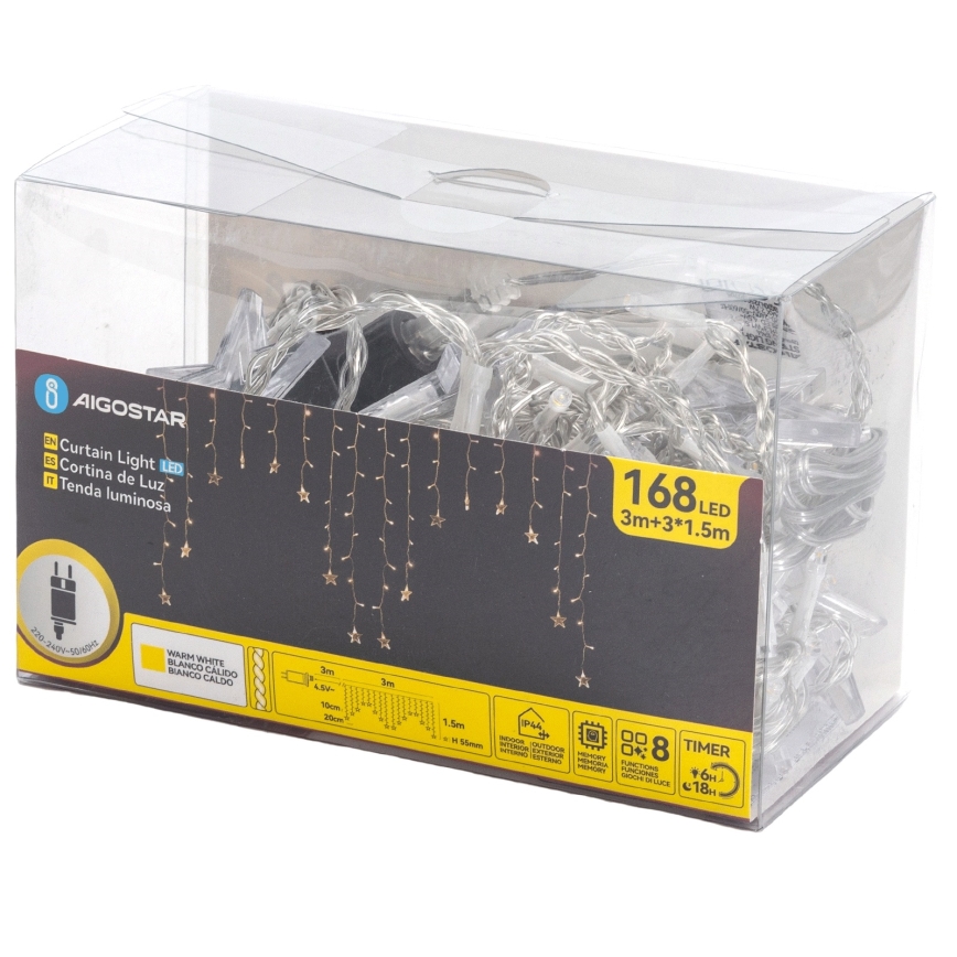 Aigostar - LED-Außen-Weihnachtslichterkette 168xLED/8 Funktionen 3x1,5m IP44 warmweiß Sterne