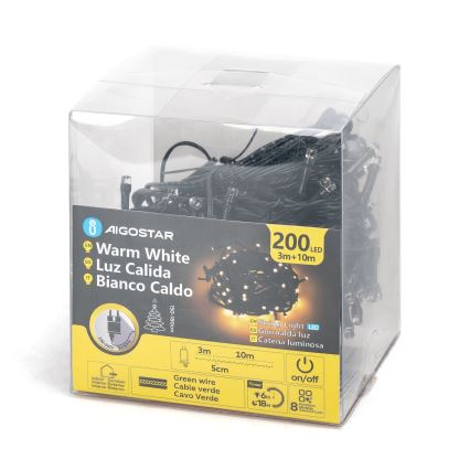 Aigostar - LED-Weihnachtslichterkette für den Außenbereich 200xLED/8 Funktionen 13m IP44 warmweiβ