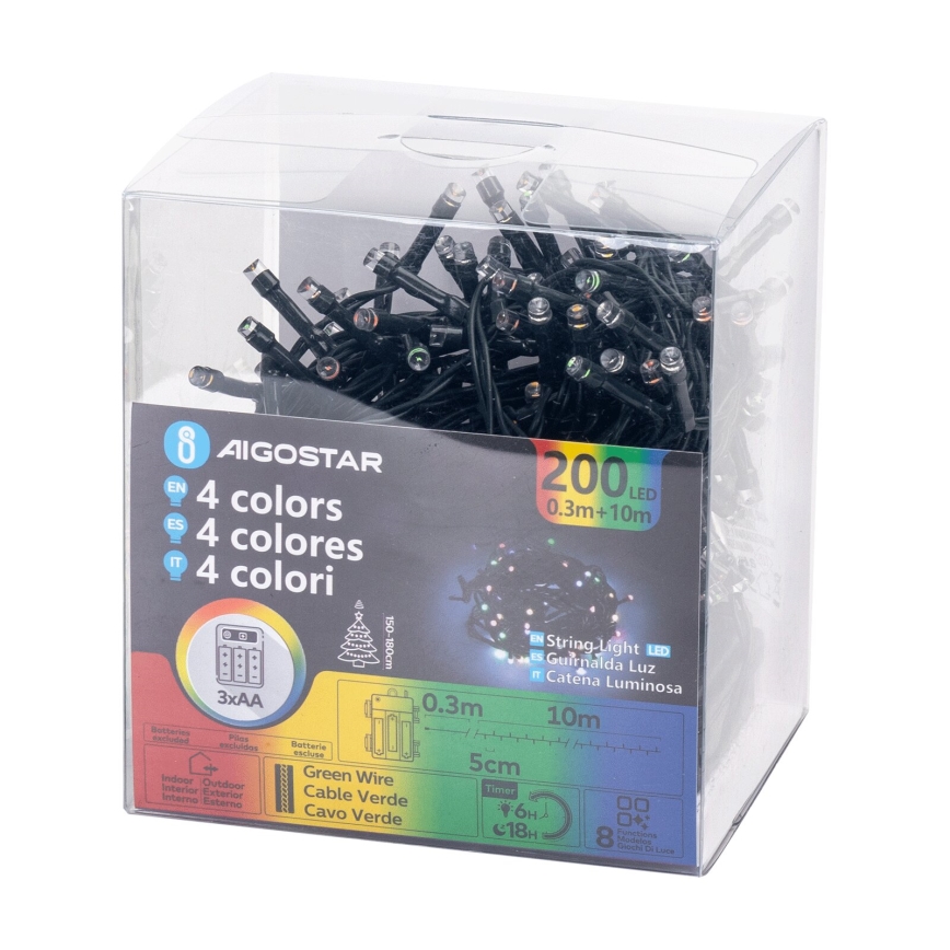 Aigostar - LED-Weihnachtslichterkette für den Außenbereich 200xLED/8 Funktionen 3xAA 10,3m IP44 mehrfarbig