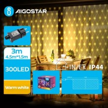 Aigostar - LED-Weihnachtslichterkette für den Außenbereich 300xLED/8 Funktionen 7,5x1,5m IP44 warmweiβ
