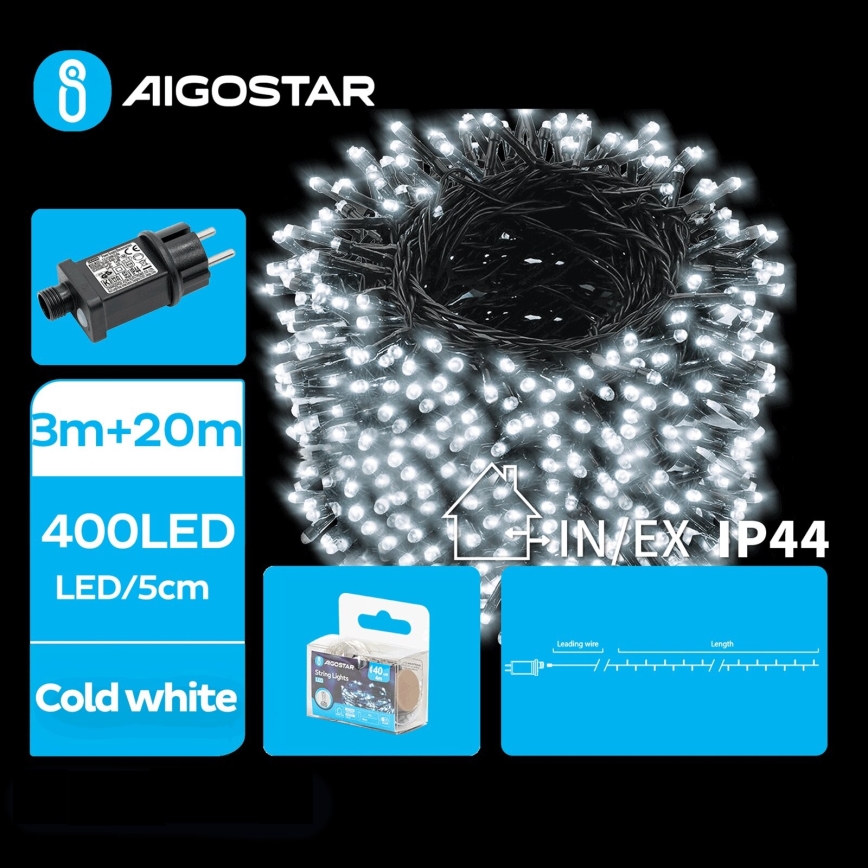 Aigostar - LED-Weihnachtslichterkette für den Außenbereich 400xLED/8 Funktionen 23m IP44 kaltweiß