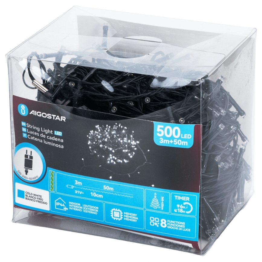 Aigostar - LED-Weihnachtslichterkette für den Außenbereich, 500 LEDs / 8 Funktionen, 53 m, IP44, kaltweiß