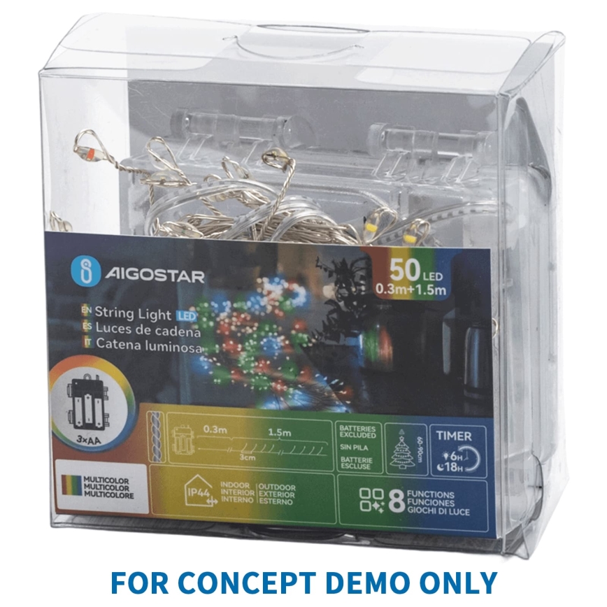 Aigostar - LED Weihnachtslichterkette für den Außenbereich 50xLED/8 Funktionen 3xAA 1,8m IP44 warmweiß