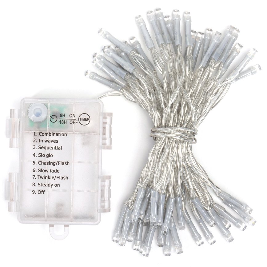 Aigostar - LED-Weihnachtslichterkette für den Außenbereich 50xLED/8 Funktionen 3xAA 5,3m IP44 kaltweiß