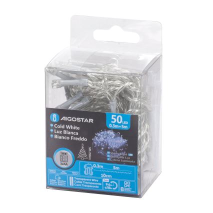 Aigostar - LED-Weihnachtslichterkette für den Außenbereich 50xLED/8 Funktionen 3xAA 5,3m IP44 kaltweiß
