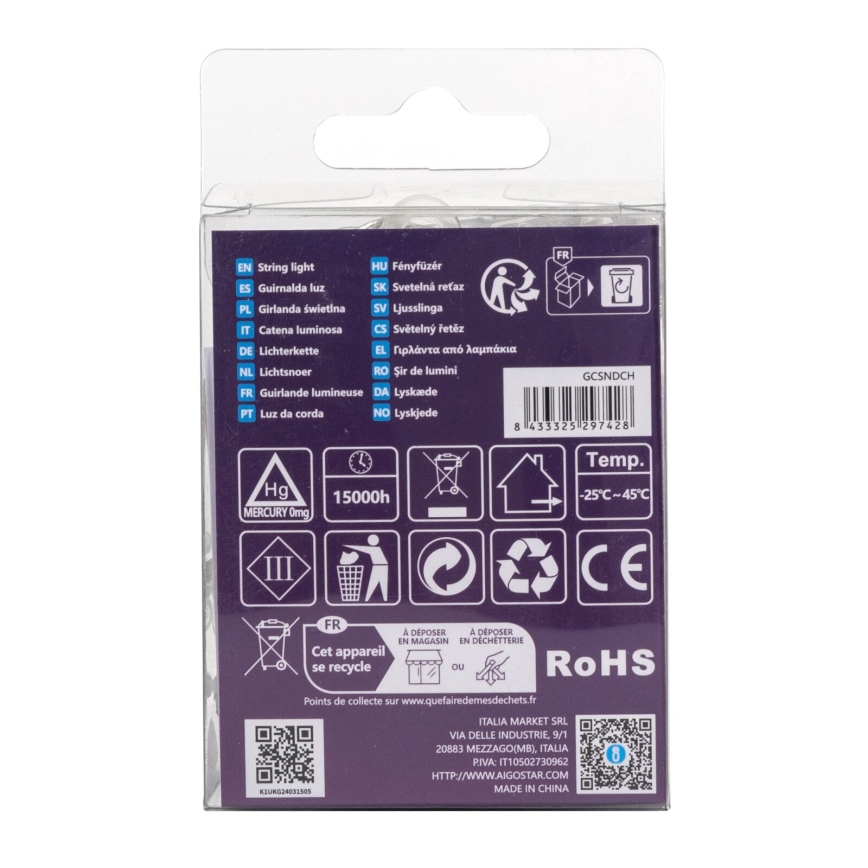 Aigostar - LED-Weihnachtslichterkette für den Außenbereich 50xLED/8 Funktionen 3xAA 5,3m IP44 kaltweiß