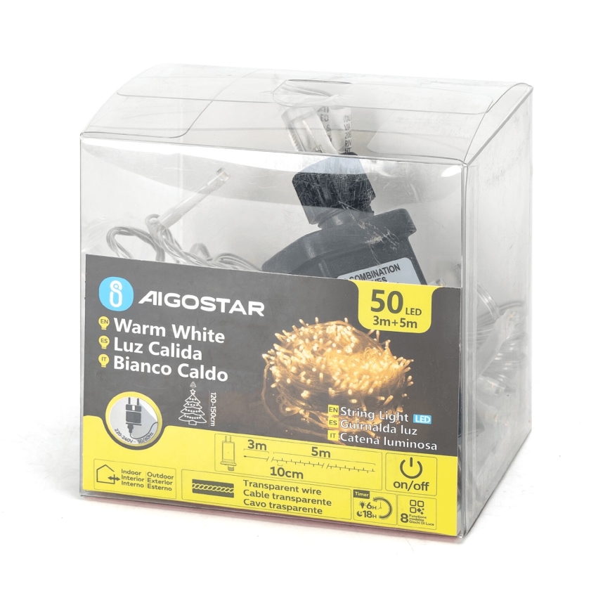 Aigostar - LED-Weihnachtslichterkette für den Außenbereich 50xLED/8 Funktionen 8m IP44 warmweiβ
