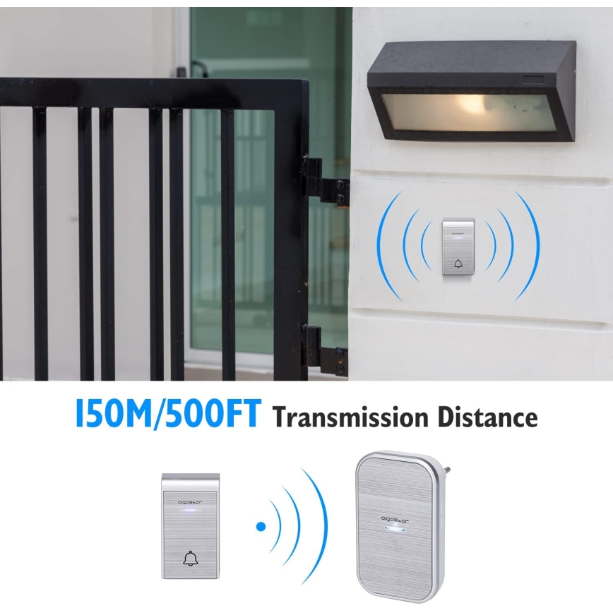 Aigostar - SET 2x Kabellose Steckdosen-Türklingel 230V/12V IP44 silbern