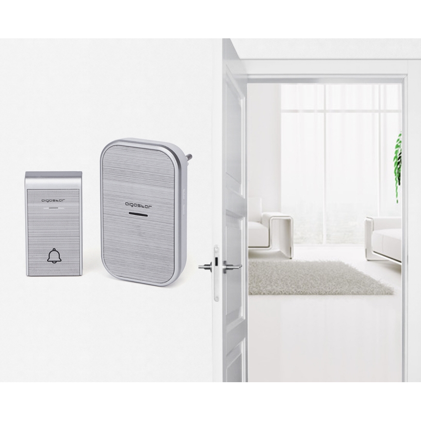 Aigostar - SET 2x Kabellose Steckdosen-Türklingel 230V/12V IP44 silbern