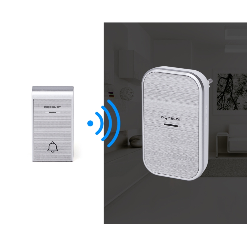 Aigostar - SET 2x Kabellose Steckdosen-Türklingel 230V/12V IP44 silbern