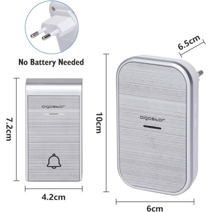 Aigostar - SET 2x Kabellose Steckdosen-Türklingel 230V/12V IP44 silbern