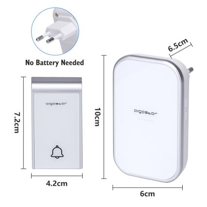 Aigostar - SET 2x Kabellose Steckdosen-Türklingel 230V/12V IP44 weiß