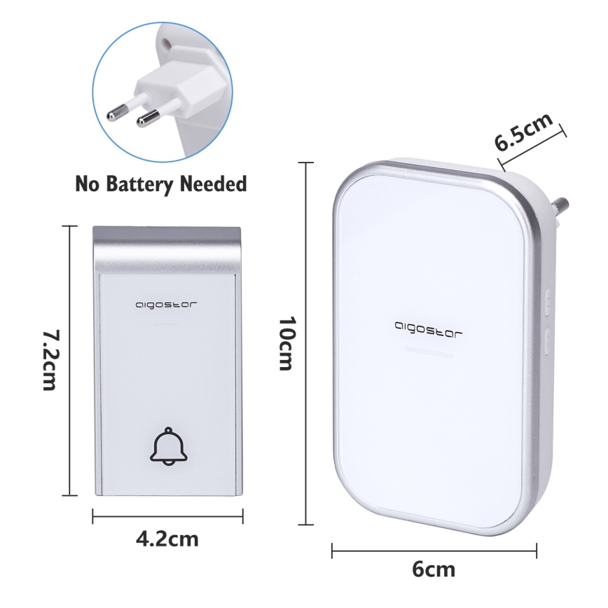 Aigostar - SET 2x Kabellose Steckdosen-Türklingel 230V/12V IP44 weiß
