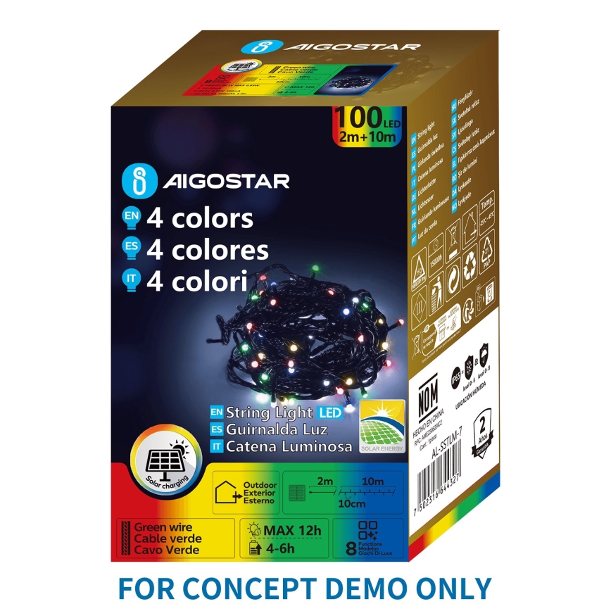 Aigostar - Solar-LED-Weihnachts-Lichterkette, 300 LEDs / 8 Funktionen, 32 m, IP65, mehrfarbig, 1200 mAh