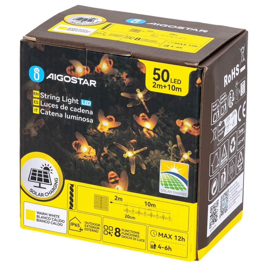 Aigostar - LED Solar-Lichterkette 50xLED/8 Funktionen 10 m 800 mAh IP65 warmweiß