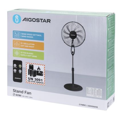 Aigostar - Standventilator 55W/230V 130 cm schwarz + Fernbedienung