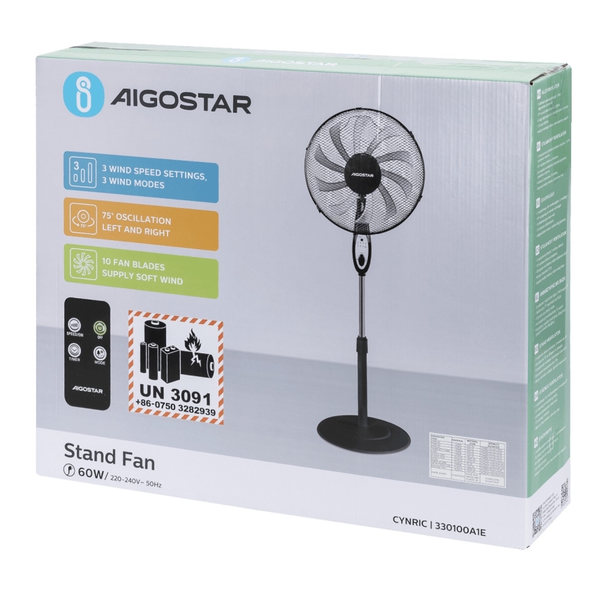 Aigostar - Standventilator 55W/230V 130 cm schwarz + Fernbedienung