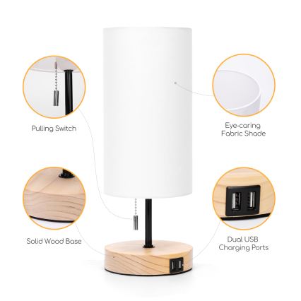 Aigostar - Tischlampe mit USB-Anschluss 1xE27/40W/230V schwarz/creme