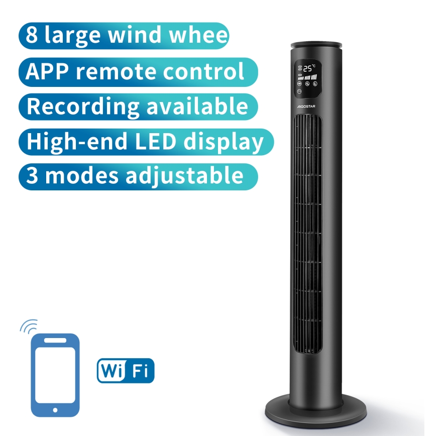 Aigostar - Turm-Ventilator 50W/230V schwarz Wi-Fi + Fernbedienung