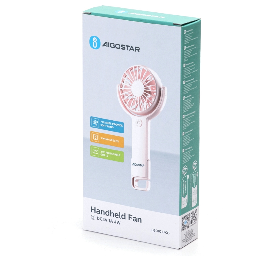 Aigostar - Tragbarer USB-Akku-Ventilator 4,5W/3,7V 1200mAh, rosa